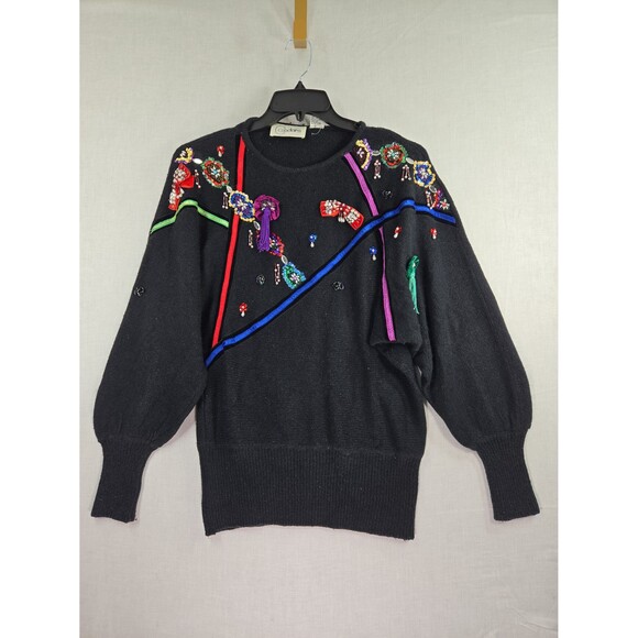 VTG Cedars Beaded Sequin Holiday Sweater Large Black Angora Silk 80s Party Glam - Picture 1 of 12